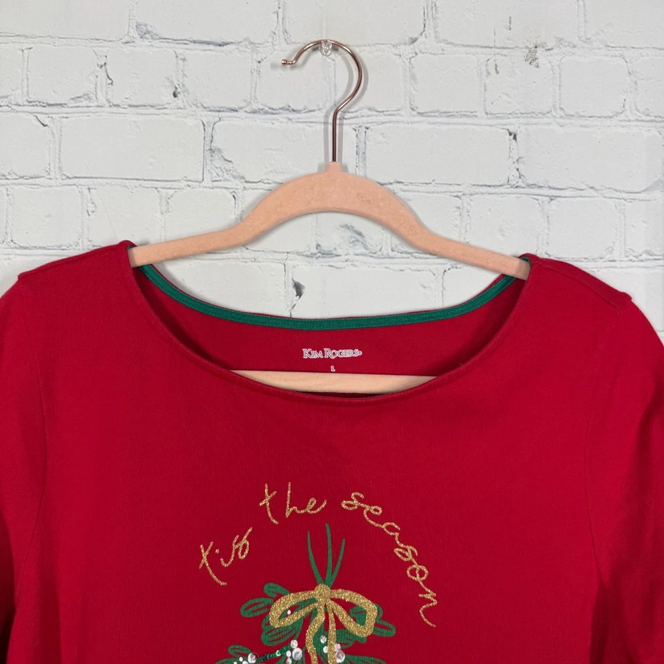 Camisa de manga larga de Navidad para mujer grande roja tejida con cuentas adornada top elástico Foto 3 de 4