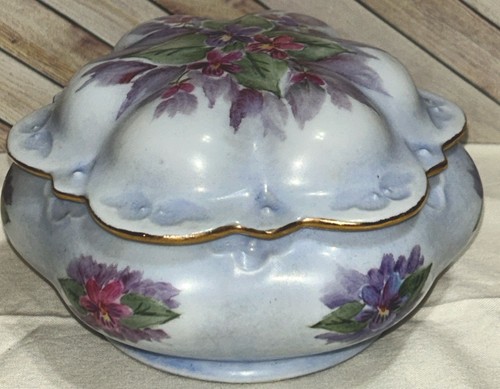 Vintage Hand Painted Pink & Purple Floral Trinket Dish With Lid 3” T By 5.5” W - Picture 4 of 24