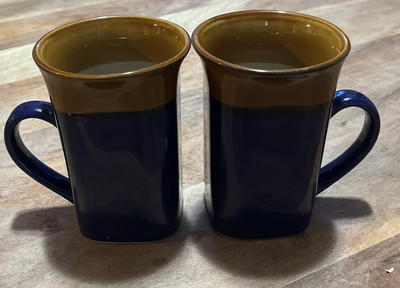 SET-2 Royal Norfolk Greenbrier Coffee Tea Cup Mugs 5''x3 1/4'' Cobalt Blue Brown