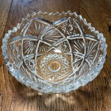 Vintage Cut Glass Bowl Starburst Pattern Sawtooth Rim Clear Crystal Serving Dish