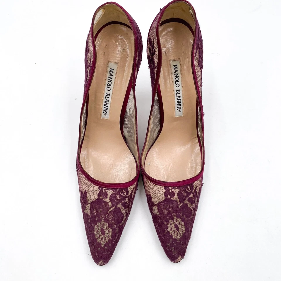 Manolo Blahnik Lace Pumps Burgundy Red Floral Pointed Toe Sheer Sz 37 / 7 - Image 2 of 4