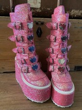 Demonia Swing-230G Pink Glitter Platform Boots Heart Buckles Womens Uk8 VGC