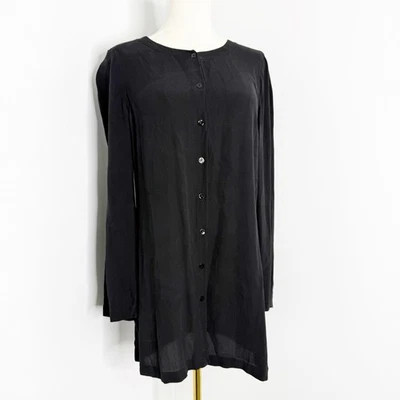 Eileen Fisher Black 100% Silk Button Front Tunic Top XS Long Sleeve