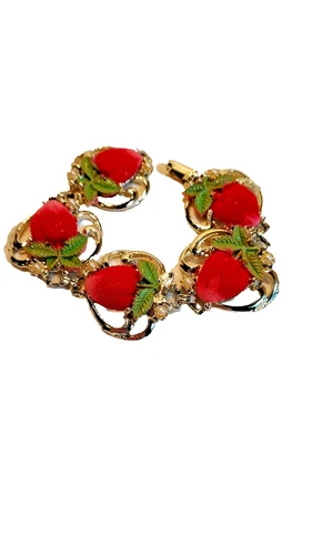 Celluloid Strawberry Pattern Bracelet with Faux Pearls  Silver Tone Used