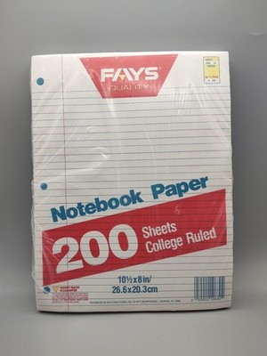 Fay's Quality Notebook Paper. 200ct. Non-Standard 10.5x8in College Ruled. 3 Hole