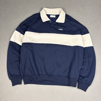 Aeropostale Mens M Long Sleeve Polo Sweater Rugby Boxy Pullover Navy White