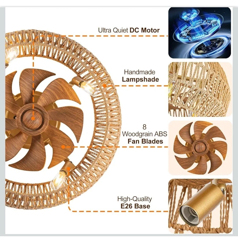 Boho Rattan Ceiling Fan with Light Remote Woven Lamp Shade 8 Reversible Blades - Image 4 of 4