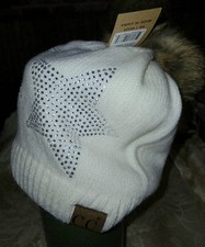 C.C. BEANIE FUR POM IVORY HAT RHINESTONE STARS WINTER HEAD WARMER NEW W/ TAGS