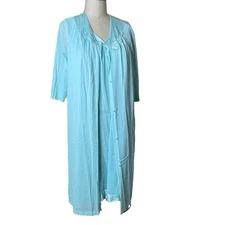 VASSARETTE Peignoir 2-Piece Robe and Nightgown Set Aqua Turquoise Blue Vtg Large