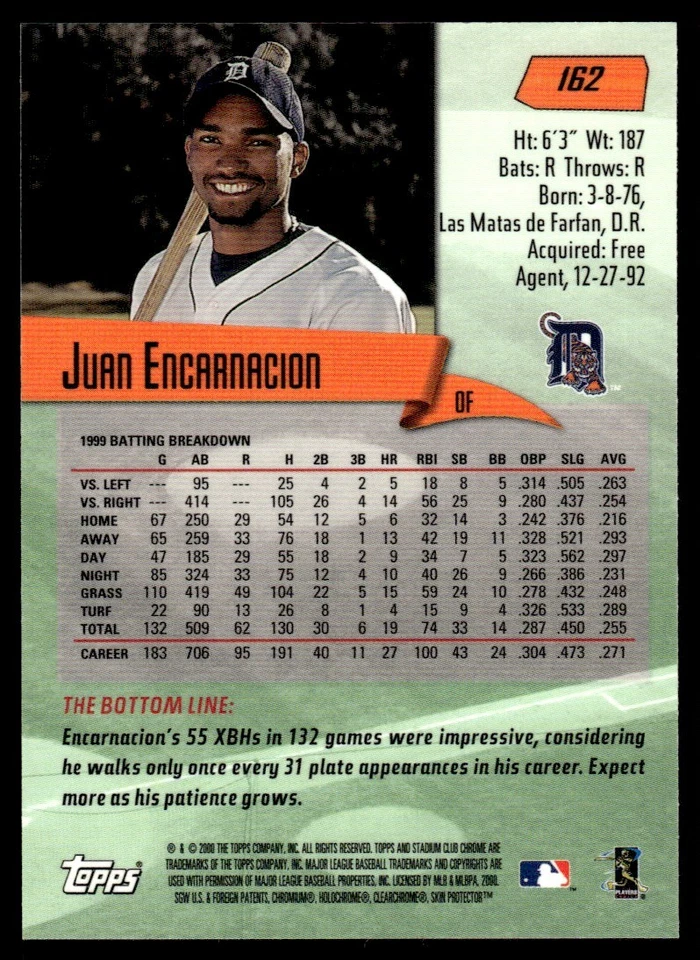2000 Stadium Club Chrome Juan Encarnacion Detroit Tigers #162 - Image 2 of 2