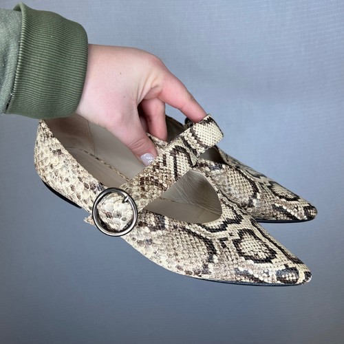 Freda Salvador Snakeskin Mary Jane Flats Pointed Toe Buckle Strap Tan Brown 8.5