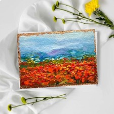 ACEO Original Oil Painting Poppies Blooming Canvas Impasto 2.5x3.5in Signed OS