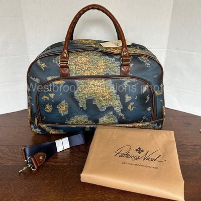Patricia Nash Gonnesa Greek Map Overnighter Bag Coated Canvas Leather 21x14x8.5