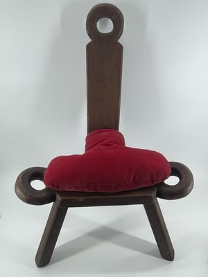 Vintage Wood Birthing Chair, Milking Stool, Hand Carved, Three Legs w/Cushion