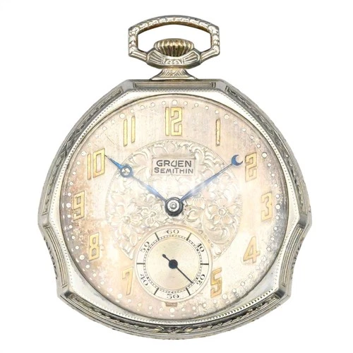 ANTIQUE ART DECO GRUEN GILT 754 CALIBER 15 JEWELS POCKETWATCH WHITE GOLD FILL