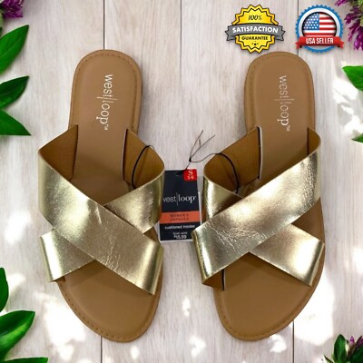Crossover Gold Slide Sandals WOMENS SM (5-6) Brown Flat West Loop Open Toe NWT