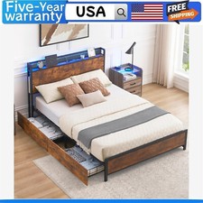 FULL/QUEEN Bed Frame with 4 Drawers RGB Lights and Charging Station Headboard