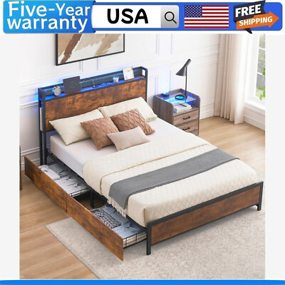  FULL/QUEEN Bed Frame with 4 Drawers Lights and Charging Station Headboard 