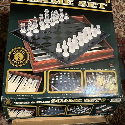 Cardinal Limited Edition Wood & Glass “3” Game Set Backgammon Checkers ...