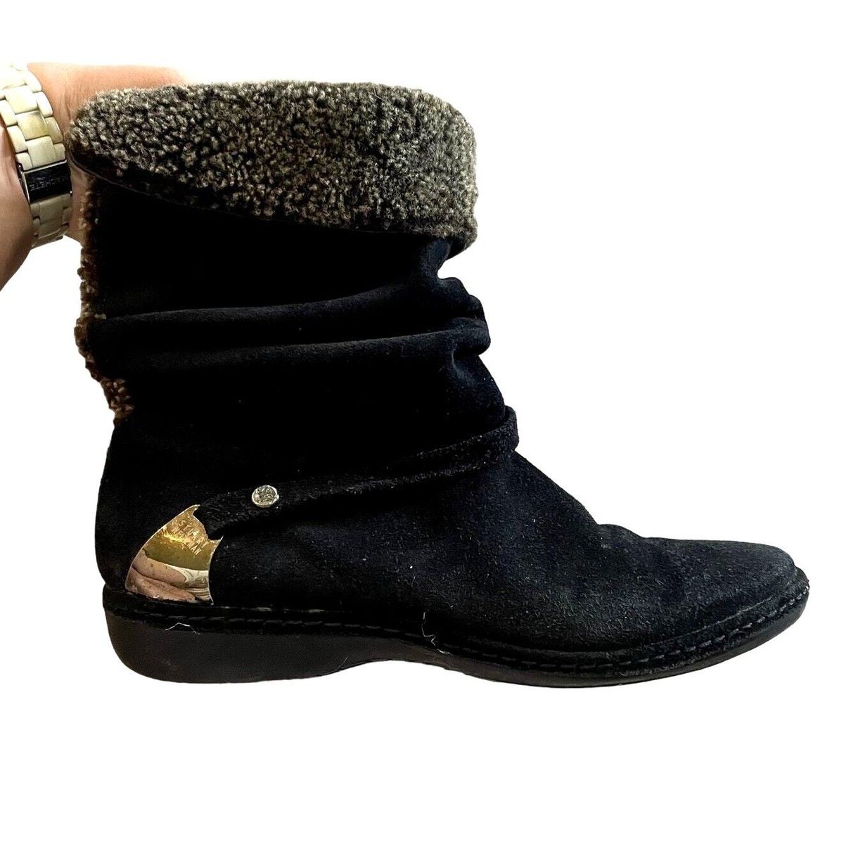 Stuart Weitzman Brute Black Suede Leather Shearling Mid Calf Boots Size  EUC