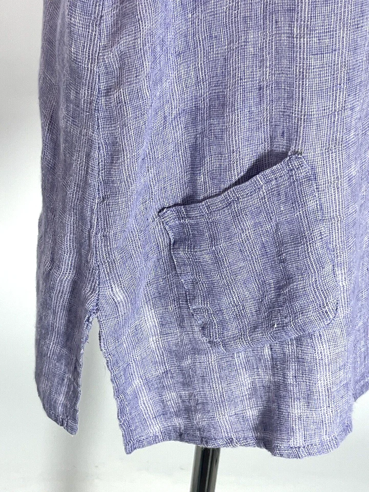 Top de lino para mujer pequeño 100 % lino púrpura sin mangas bolsillo lateral a cuadros Glen Foto 4 de 4