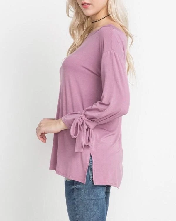NEW Mittoshop Pink - Purple Soft Tie Sleeve Boat Neck Side Slit Loose Bamboo Top - Image 3 of 3