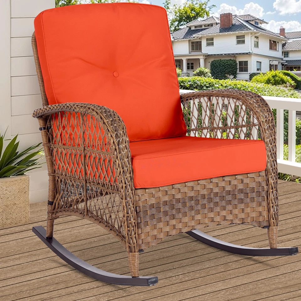 Mecedora de patio de ratán para exterior muebles de mimbre con cojín Foto 3 de 4