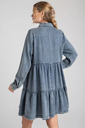 SIZE L EASEL DARK DENIM BUTTON FRONT WASHED DENIM SHIRT DRESS BHCS - Picture 5 of 6