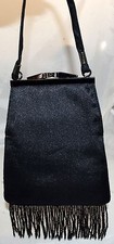 Black Satin Finish Evening Bag with 2" Black Hanging Beads NWOT