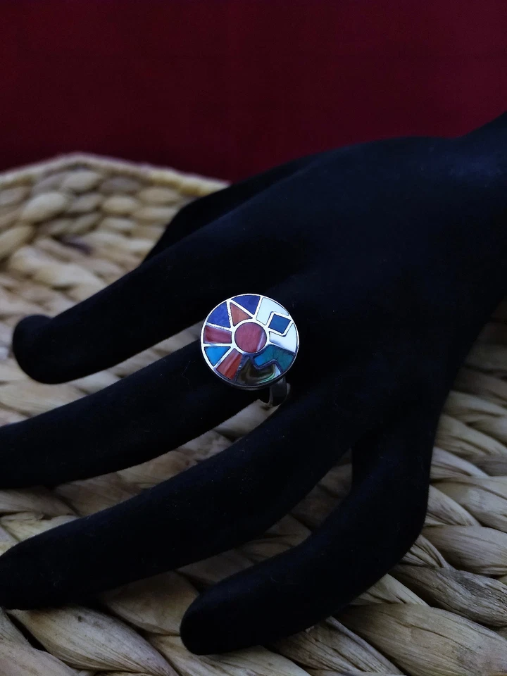 Anillo peruano hecho a mano plata 950 conchas de piedras figuras geométricas talla 7,5-8,5 Foto 2 de 4