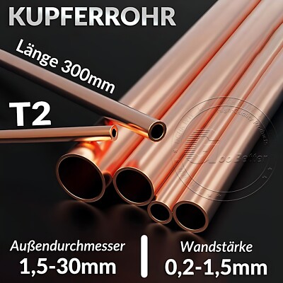 Kupferrohr Stange Kupfer Rundrohr Hohlprofil Außen 1,5mm bis 30mm, 300mm Länge