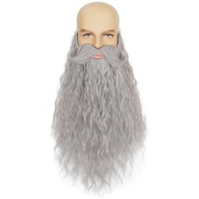 Yan Dream Mens Long Curly Grey Wizard Fake Beard with Upturned Adult, Gray