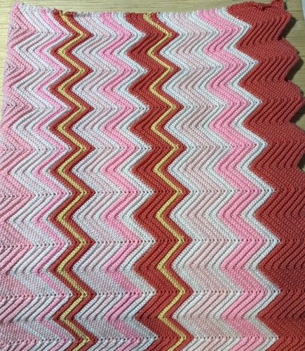 Handmade Crocheted Afghan Pink White Coral Yellow 51 X 46 Cottage Decor Gifts - Picture 5 of 8