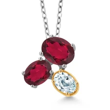 925 Silver and 10K Yellow Gold Ruby Red Mystic Topaz and Aquamarine Pendant