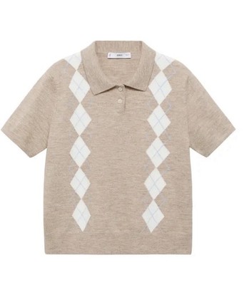 Mango MNG Diamond Pattern Polo Sweater Knit Short Sleeve Beige, Size Large