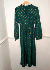 Shein Womens Dress Green Size XL UK 16 Gold Check Midi Belted Shirt Pussybow
