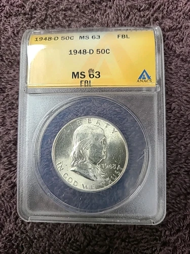 1948-D 50C Franklin Half Dollar ANACS MS63 FBL