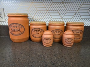 6 Piece Vintage Terracotta Kitchen Line Storage Jars And Shakers- See All Photos