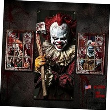3Pcs Halloween Clown Cover Set, 1 Door Banner and 2 Window Covers