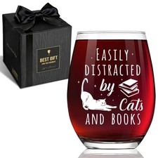 Bookish Wine Glass Gifts for Women Cat Book Lovers, Easily Distracted By Cat ...