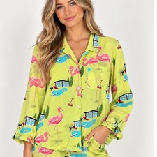 Nick  Nora Backyard Flamingo Button Down Pajama Top Relaxation Comfy Clean Girl