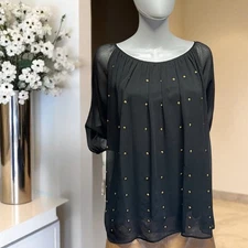 AB Studio Women's Black Sheer Sleeve Top w/ Gold Bronze Tone Studs Size Large