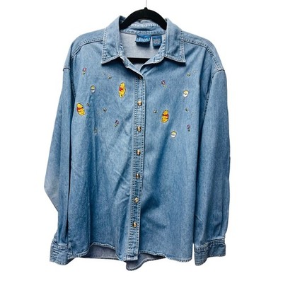 Vtg Pooh Disney Denim Shirt L Winnie the Pooh Embroidered Nostalgic Cottagecore