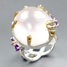 Handmade 42 ct Natural Rose Quartz Ring 925 Sterling Silver Size 8.75 /R435320
