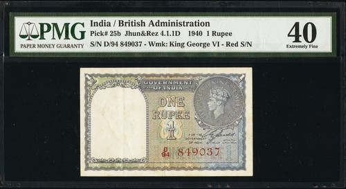 British India One Rupee 1940 RED SERIAL Pick-25b Extremely Fine PMG 40 - 第 1/2 張圖片