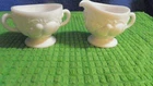 VINTAGE MILK GLASS CREAMER AND SUGAR BOWL SET RAISED FRUIT DESIGN EXCELLENT COND