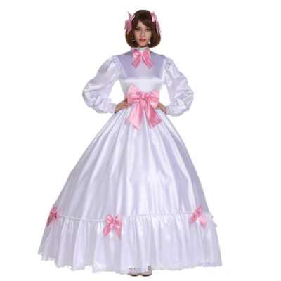 Sissy Girl Maid Lockable White Satin Long Dress cosplay costumes Tailor-made