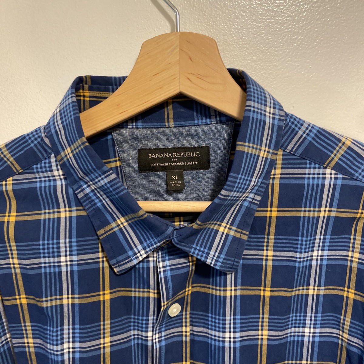 Banana Republic Blue Plaid Soft Wash Tailored Slim Fit L/S Shirt Men L  (TagXL)