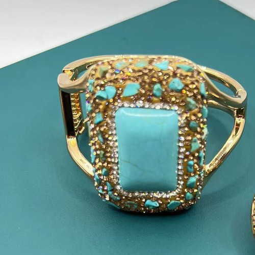 Fashion Turquoise Gems Inlay Rectangle Pendant Necklace Bracelet Ring Earrings - Picture 4 of 9