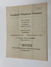 Lycoming Co. Warrensville, PA Loyalsock Telephone Co. Rates & Rules 1920